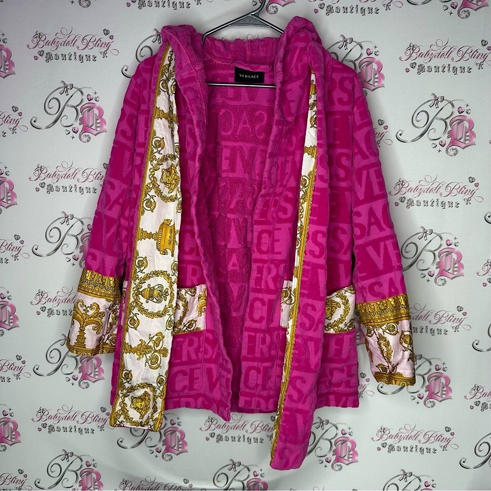 Versace Pink and Gold Robe short terry cloth towel material belted belt